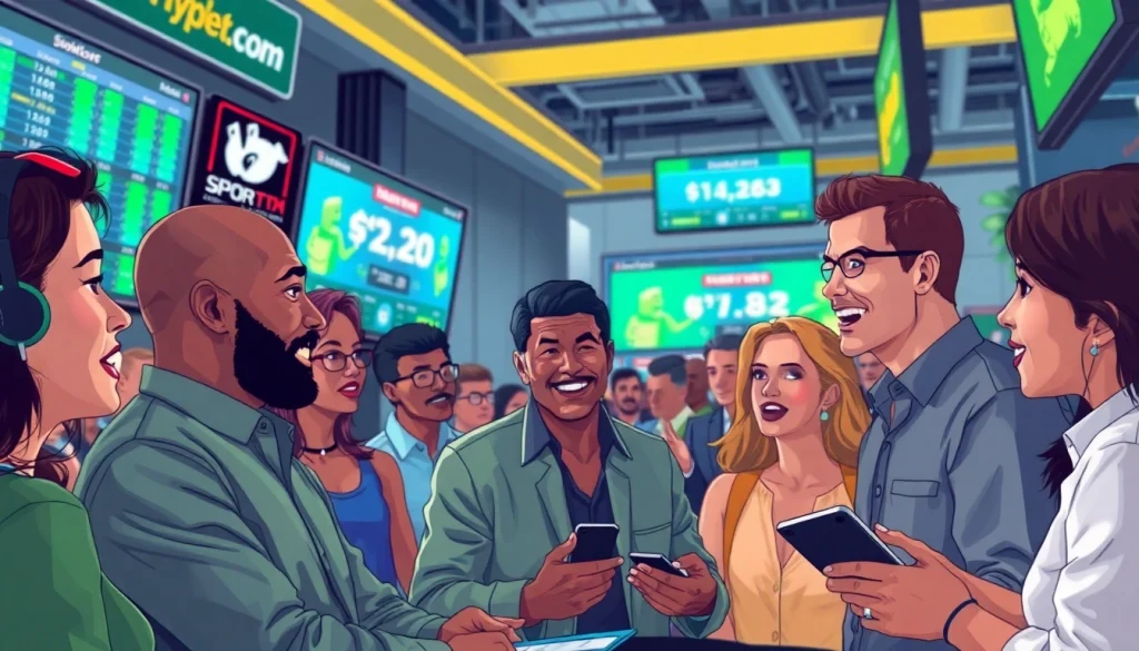 Engage with sports betting sites California as diverse individuals strategize in a vibrant urban setting.