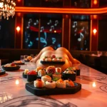 Body sushi artfully presented on a model at Club Noir, St Martin, blending elegance and nightlife.