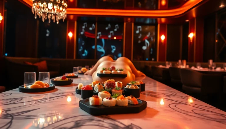 Body sushi artfully presented on a model at Club Noir, St Martin, blending elegance and nightlife.
