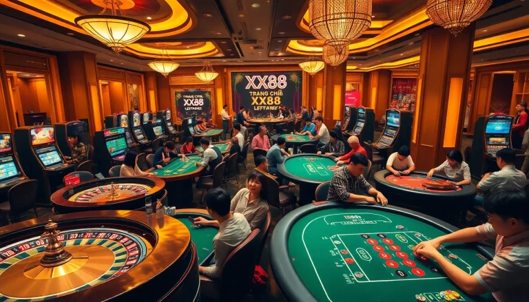 Experience the thrill of gambling at Trang chủ XX88 with luxurious gaming tables and vibrant casino ambiance.
