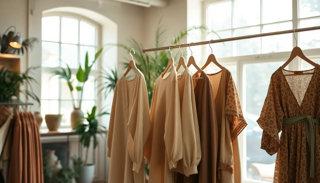 Showcasing Rivelle fashion in a stylish boutique, emphasizing elegance and warmth.