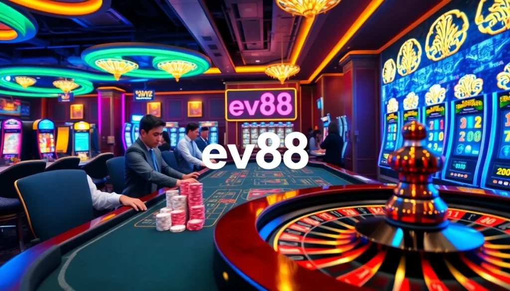 Players engaging in high-stakes games at ev88 casino, enjoying vibrant roulette and poker.
