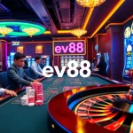 Players engaging in high-stakes games at ev88 casino, enjoying vibrant roulette and poker.