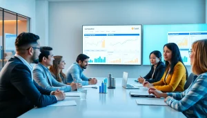 Analyze competitor pricing during a business meeting with charts and data displayed.