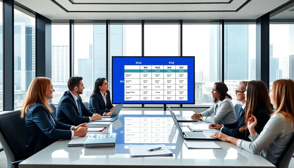 Engaged professionals conducting a Bid-No-Bid Analysis in a modern office setting.