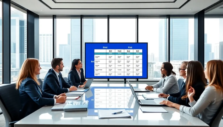 Engaged professionals conducting a Bid-No-Bid Analysis in a modern office setting.
