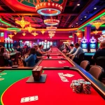 Engaged players enjoying online casinos Oklahoma atmosphere with vibrant gaming tables and colorful decor.