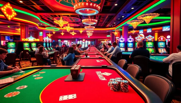 Engaged players enjoying online casinos Oklahoma atmosphere with vibrant gaming tables and colorful decor.