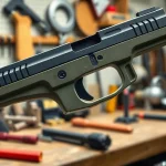 Showcase of a polymer80 pf940c frame in a workshop, highlighting its ergonomic features and textures.