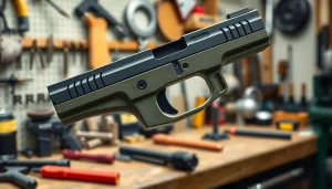 Showcase of a polymer80 pf940c frame in a workshop, highlighting its ergonomic features and textures.