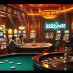 Gambler placing bets at a luxurious poker table in a vibrant casino with '32vin32' prominently featured.