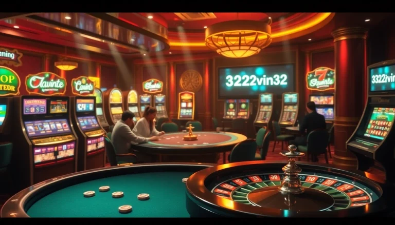 Gambler placing bets at a luxurious poker table in a vibrant casino with '32vin32' prominently featured.