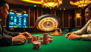 Exciting scene at Nhà Cái THABET with players engaged in high-stakes poker, showcasing dynamic gambling atmosphere.