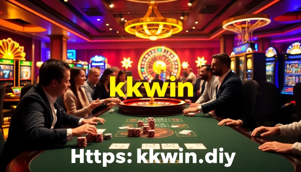 Exciting gaming experience at https://kkwin.diy/ with casino tables, poker chips, and slot machines.
