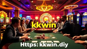 Exciting gaming experience at https://kkwin.diy/ with casino tables, poker chips, and slot machines.