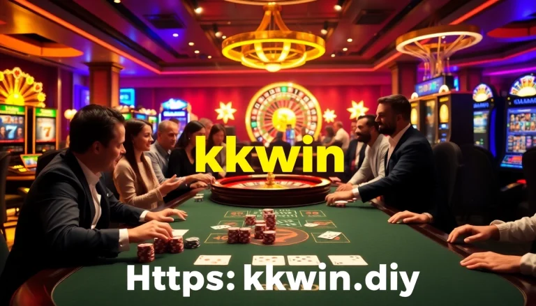 Exciting gaming experience at https://kkwin.diy/ with casino tables, poker chips, and slot machines.
