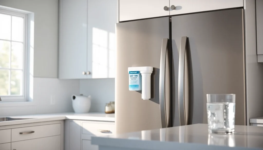 Waterdrop WD-F08 Replacement for 4396841 showcased in a modern kitchen with a glass of fresh water.