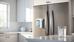 Waterdrop WD-F08 Replacement for 4396841 showcased in a modern kitchen with a glass of fresh water.