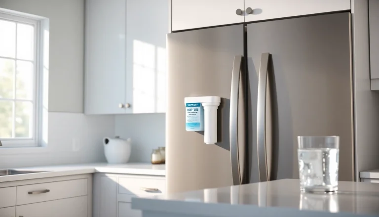 Waterdrop WD-F08 Replacement for 4396841 showcased in a modern kitchen with a glass of fresh water.