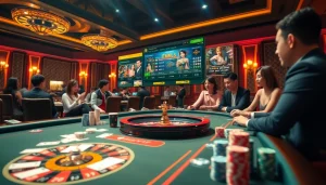 Enjoying the thrilling rikvip game bài đổi thưởng at a vibrant casino table, showcasing high stakes and excitement.