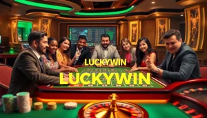 Experience LUCKYWIN with excitement at a luxurious online poker table, colored poker chips, and roulette wheel.