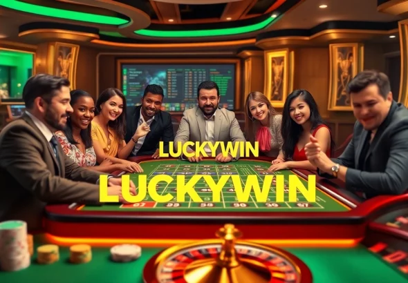 Experience LUCKYWIN with excitement at a luxurious online poker table, colored poker chips, and roulette wheel.