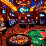 I9bet engages players in a vibrant casino setting with slot machines and poker tables.
