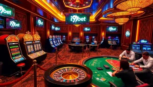 I9bet engages players in a vibrant casino setting with slot machines and poker tables.