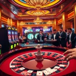 Experience the thrill of IDNSlot at a luxurious casino with vibrant slot machines and a roulette table.