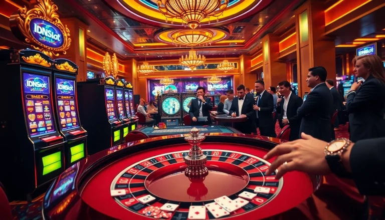Experience the thrill of IDNSlot at a luxurious casino with vibrant slot machines and a roulette table.