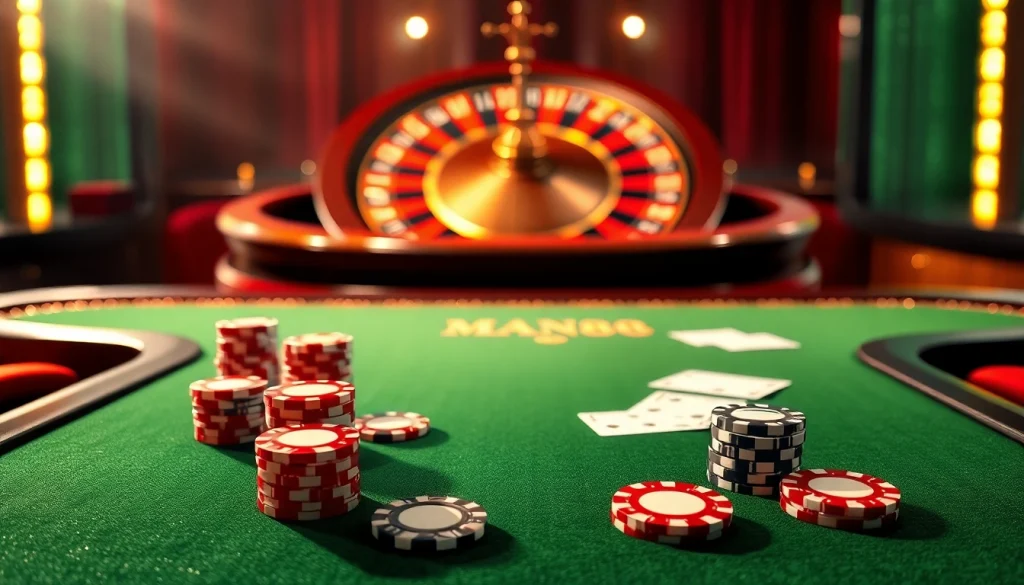 Engage in thrilling poker action at Man88's luxurious casino table featuring vibrant chips and cards.