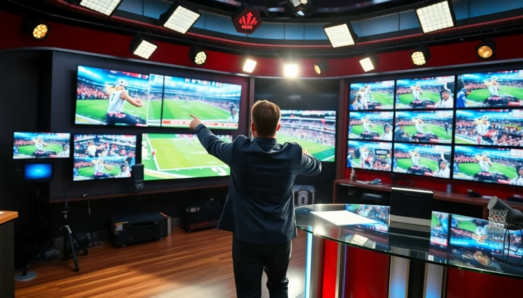 Engaging action in Sports Broadcasting studio with a professional anchor highlighting crucial sports moments.