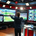 Engaging action in Sports Broadcasting studio with a professional anchor highlighting crucial sports moments.