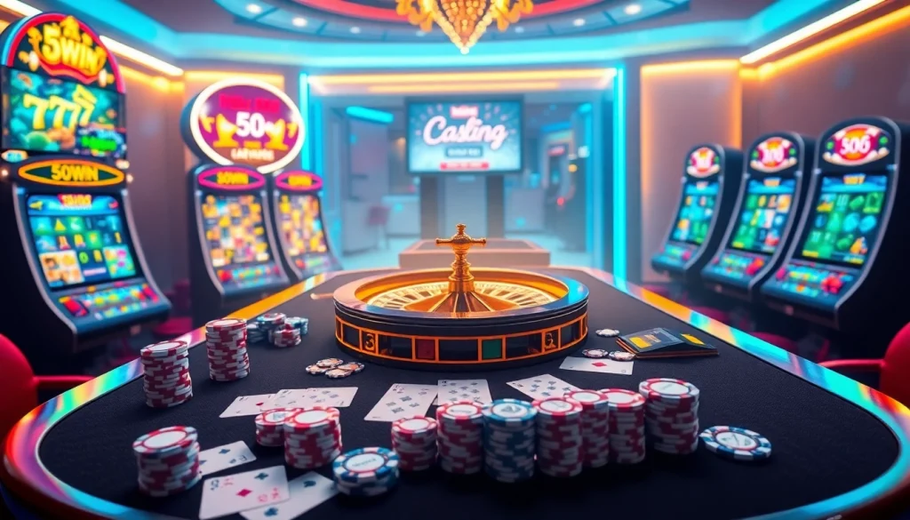 Exciting gambling scene featuring 58win's luxurious online casino elements, poker chips, and roulette wheel.