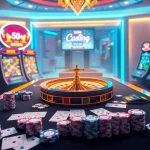 Exciting gambling scene featuring 58win's luxurious online casino elements, poker chips, and roulette wheel.