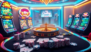 Exciting gambling scene featuring 58win's luxurious online casino elements, poker chips, and roulette wheel.