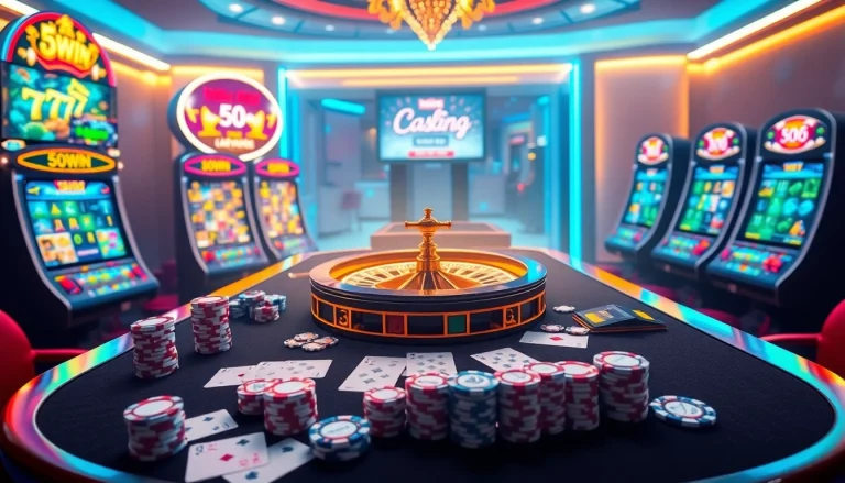 Exciting gambling scene featuring 58win's luxurious online casino elements, poker chips, and roulette wheel.