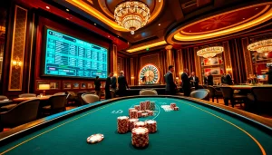 Experience thrilling games at mm88 com's vibrant casino scene featuring poker tables and roulette.