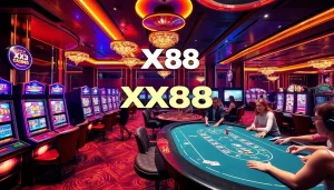 Exciting casino scene showcasing XX88 with modern slot machines and enthusiastic players at the poker table.