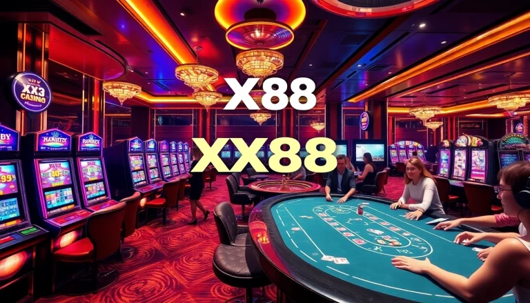 Exciting casino scene showcasing XX88 with modern slot machines and enthusiastic players at the poker table.