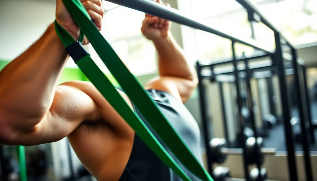 Engaged athlete demonstrating stretch bands for pull-ups in a vibrant gym setting.