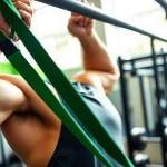 Engaged athlete demonstrating stretch bands for pull-ups in a vibrant gym setting.