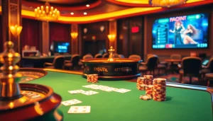 Engage with a thrilling hentai game experience amid vibrant casino visuals featuring poker chips and a roulette wheel.