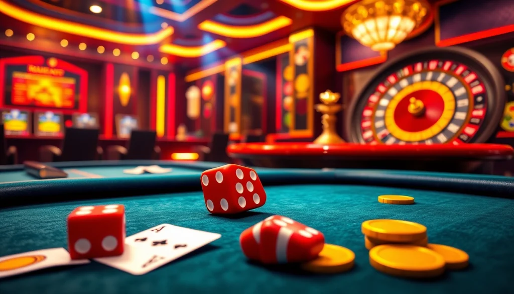 Engaging scene showcasing רמי אונליין with vibrant casino elements like poker chips and dice, creating excitement.