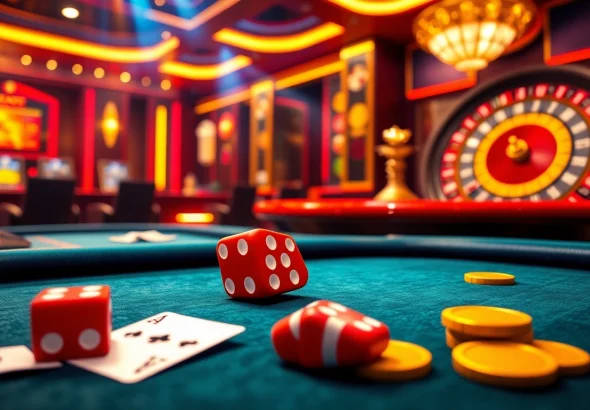 Engaging scene showcasing רמי אונליין with vibrant casino elements like poker chips and dice, creating excitement.