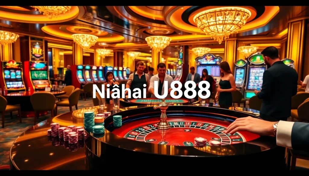 Engage with Nhà cái U888's vibrant casino atmosphere featuring lively tables and players immersed in games.
