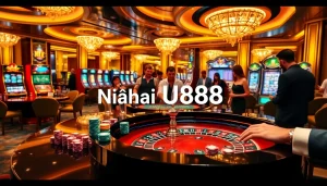 Engage with Nhà cái U888's vibrant casino atmosphere featuring lively tables and players immersed in games.