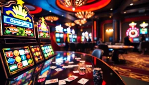 Exciting atmosphere showcasing onicplay login at a luxurious casino with slot machines and poker tables.
