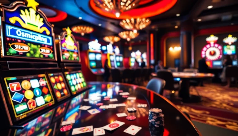 Exciting atmosphere showcasing onicplay login at a luxurious casino with slot machines and poker tables.