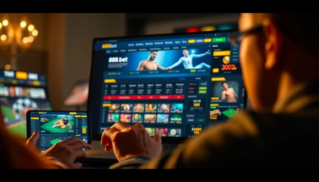 Engaged users exploring the 888b.bet online gambling platform interface, showcasing exciting games and betting options.